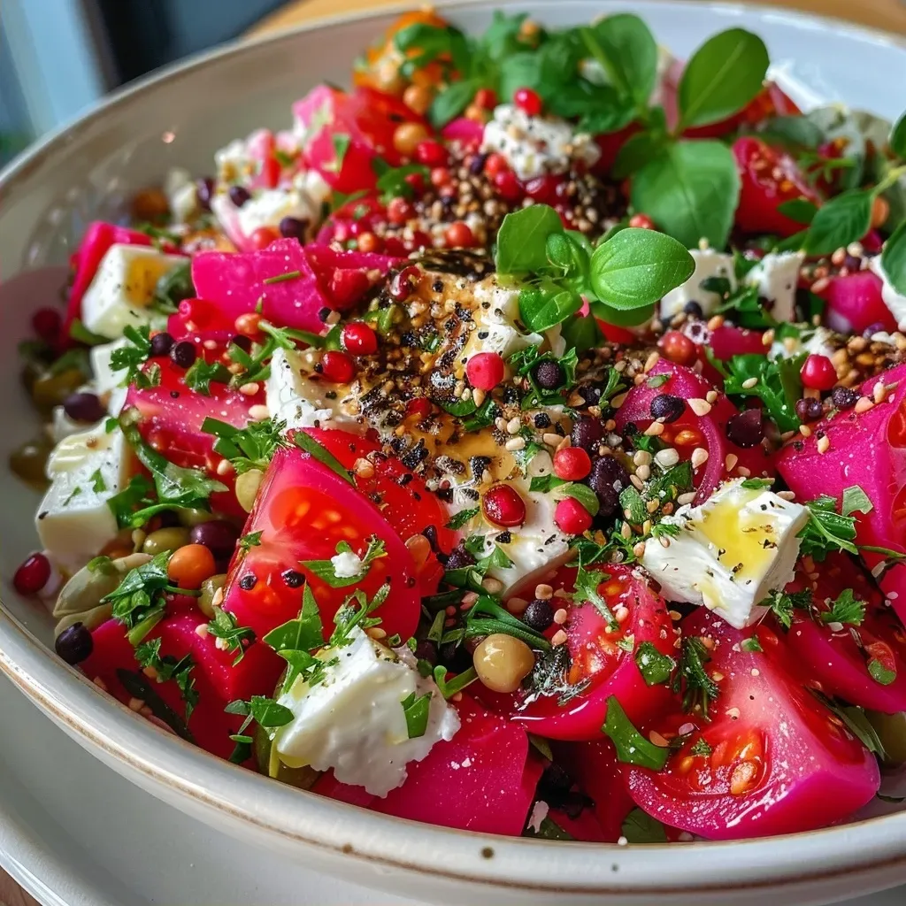 ['Close-up of a vibrant Kichererbsen-Rote Bete-Feta Salat with fresh herbs.', 'A side view of a colorful chickpea, beetroot, and feta salad drizzled with vinaigrette.', 'Juicy Kichererbsen-Rote Bete-Feta Salat displayed with lemon and garlic dressing.', 'Fresh salad featuring chickpeas, beetroot, feta cheese, and herbs, captured in detail.']
