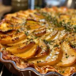 ['Close-up of roasted Knollensellerie garnished with herbs and apple slices.', 'Side view of juicy baked Knollensellerie highlighted with a buttery glaze.', 'Appetizing roasted Knollensellerie with apples served on a plate.', 'Deliciously baked Knollensellerie showcasing a golden exterior and fresh herbs.']