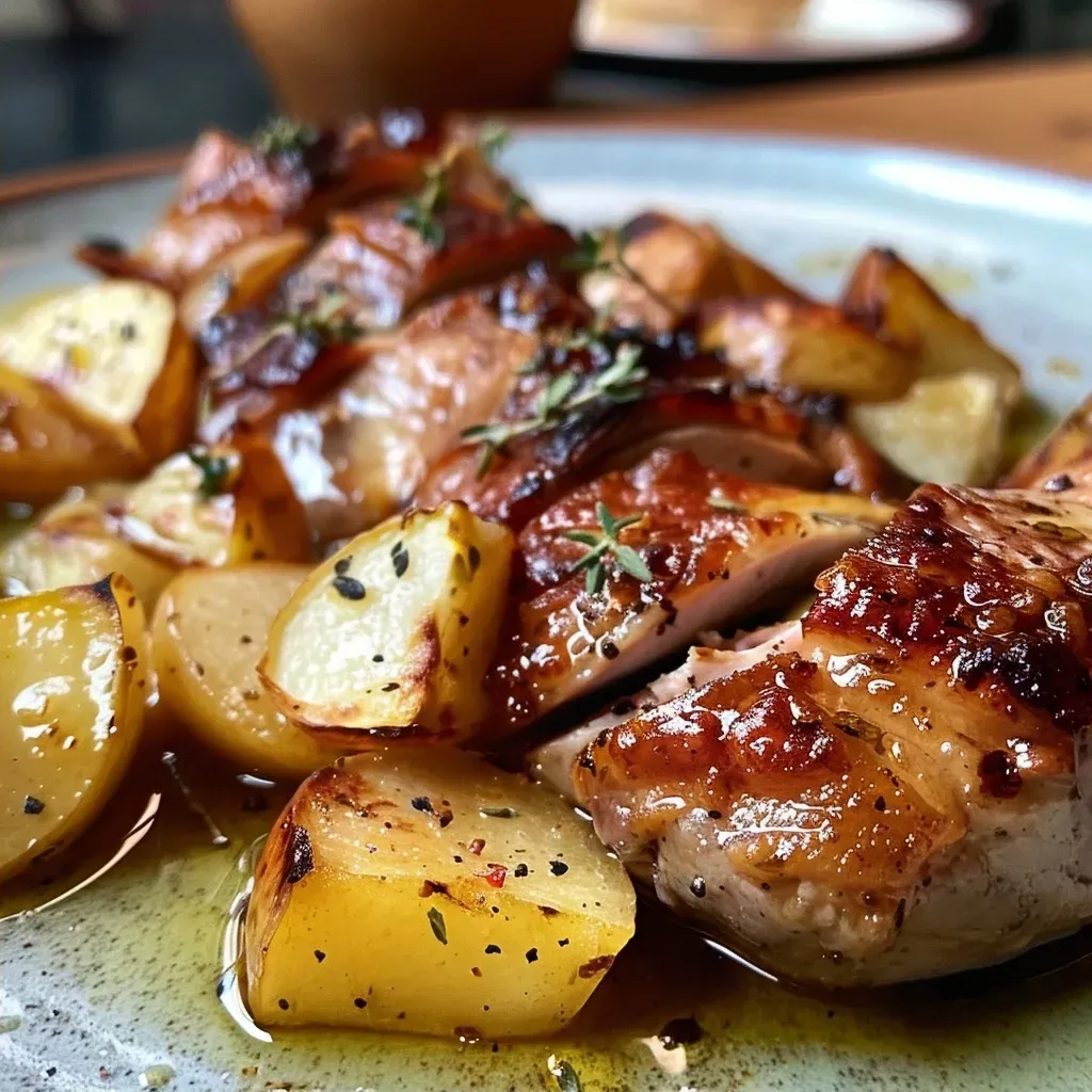['Close-up of roasted Knollensellerie garnished with herbs and apple slices.', 'Side view of juicy baked Knollensellerie highlighted with a buttery glaze.', 'Appetizing roasted Knollensellerie with apples served on a plate.', 'Deliciously baked Knollensellerie showcasing a golden exterior and fresh herbs.']
