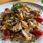 ['Close-up side view of crispy oyster mushrooms served with colorful salad.', 'Juicy and crispy oyster mushrooms on a plate with vibrant mixed salad ingredients.', 'Appetizing display of knusprige Austernpilze next to a fresh salad of tomatoes and cucumbers.', 'Detailed image of fried oyster mushrooms accompanied by a medley of greens and vegetables.']