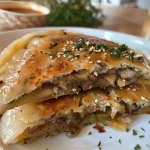 ['Close-up view of crispy chive pancakes made with rice paper, showcasing golden brown edges.', 'Side perspective of delicious rice paper chive pancakes, lightly fried to perfection.', 'Detailed shot of juicy chive pancakes featuring a crispy rice paper exterior and vibrant green chives.', 'Textured image of golden chive pancakes wrapped in rice paper, highlighting their crispy surface.']