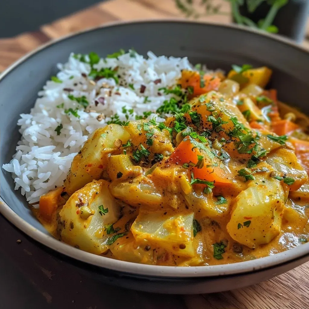 ['Close-up view of creamy Kohlrabi Curry with vibrant vegetables.', 'A delicious bowl of Kohlrabi Curry featuring colorful ingredients.', 'Side view of Kohlrabi Curry, showcasing chunks of vegetables and curry sauce.', 'Rich and creamy Kohlrabi Curry served in a bowl with herbs on top.']