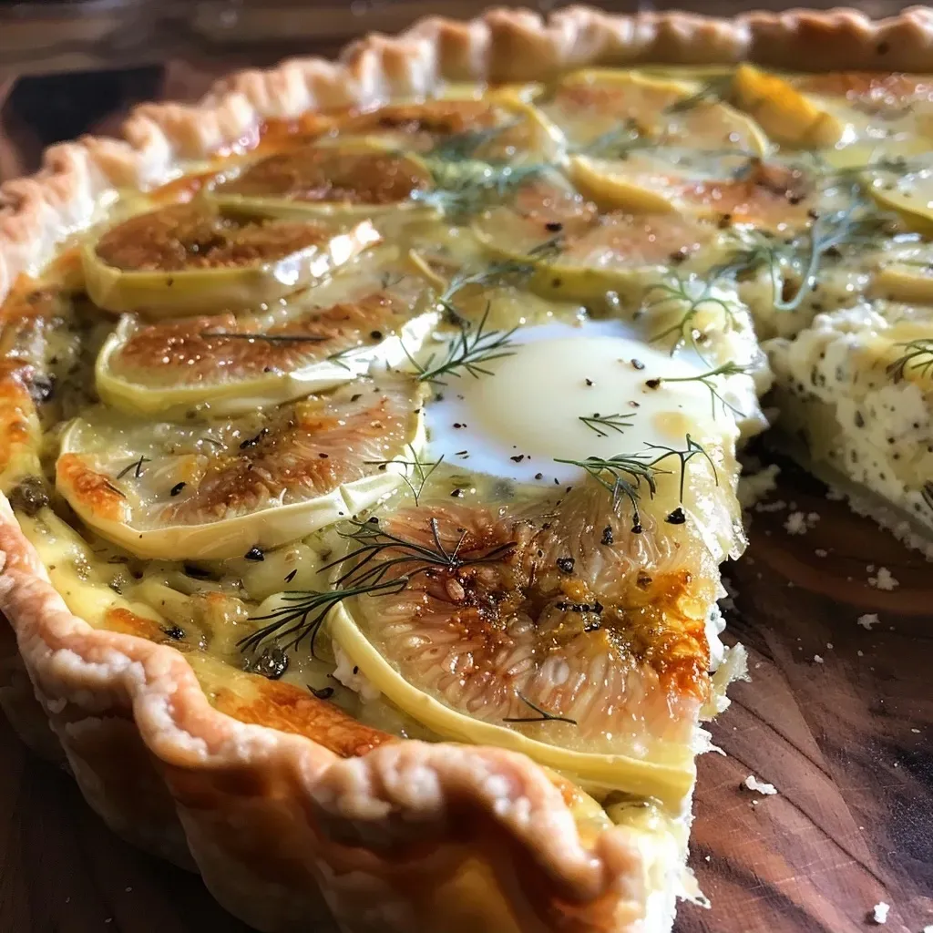 ['A close-up view of crustless quiche featuring sliced figs and fennel.', 'Side view of a golden-brown crustless quiche garnished with fresh fennel fronds and figs.', 'Juicy crustless quiche with visible layers of figs and fennel, ready to be served.', 'Delicious crustless quiche showcasing colorful slices of figs and delicate fennel.']