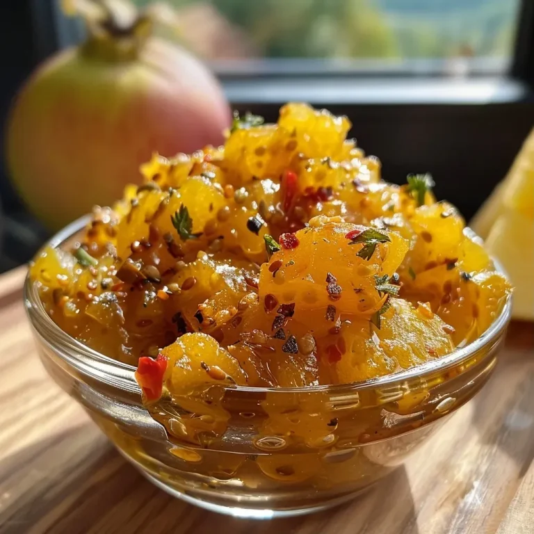 ['A close-up view of a jar filled with vibrant Kürbis Chutney on a wooden surface.', 'Side view of fresh Kürbis Chutney in a glass jar, showcasing its chunky texture.', 'A detailed shot of Kürbis Chutney with visible spices and ingredients, highlighting its rich color.', 'A clear view of a delicious Kürbis Chutney container, surrounded by its key ingredients.']