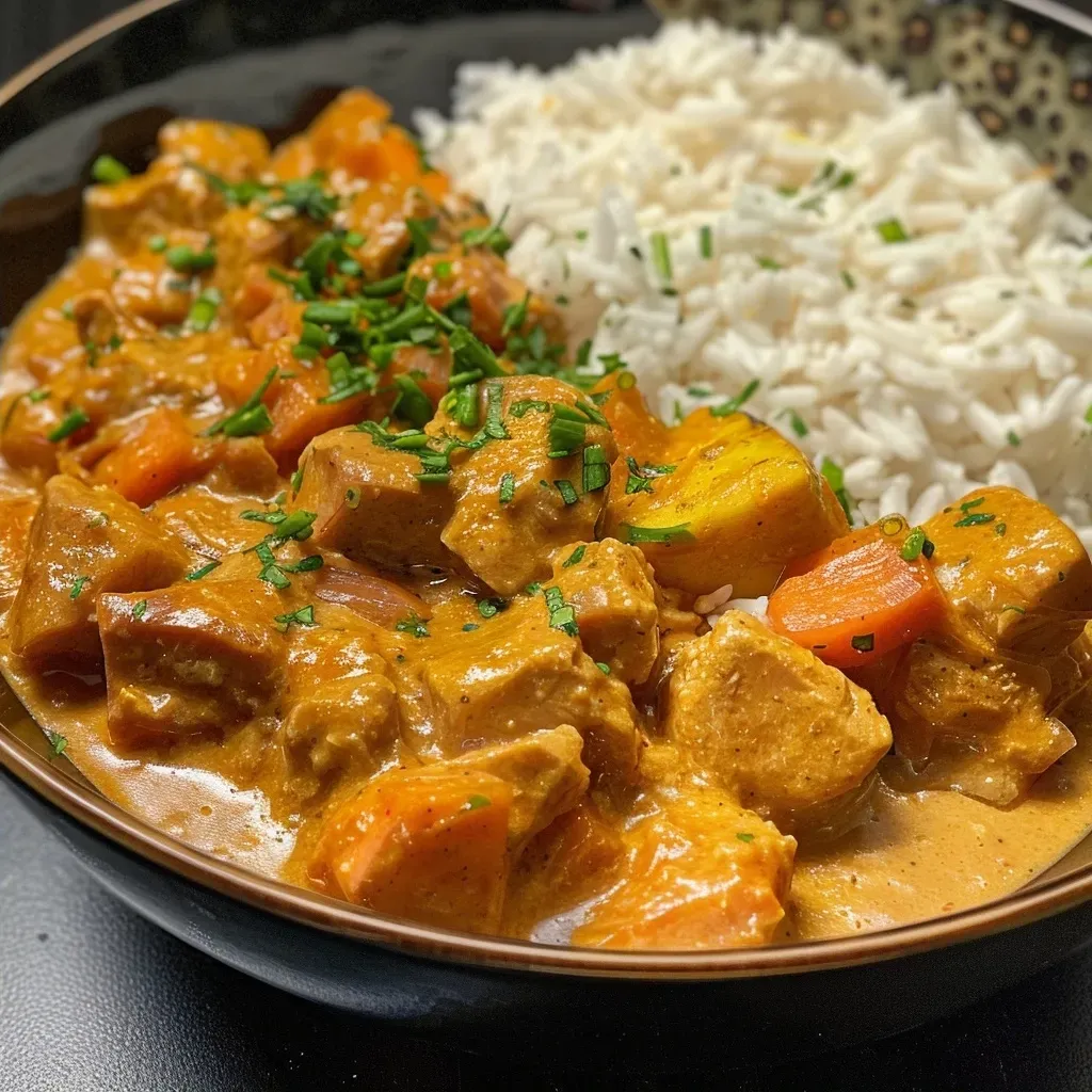 ['Close-up view of a vibrant Kürbis Curry with coconut milk in a bowl.', 'Side view of creamy Kürbis Curry garnished with fresh cilantro and chilies.', 'Juicy Kürbis Curry in a bowl, showcasing bright orange colors and spices.', 'Appetizing Kürbis Curry with coconut milk, featuring visible chunks of pumpkin and herbs.']