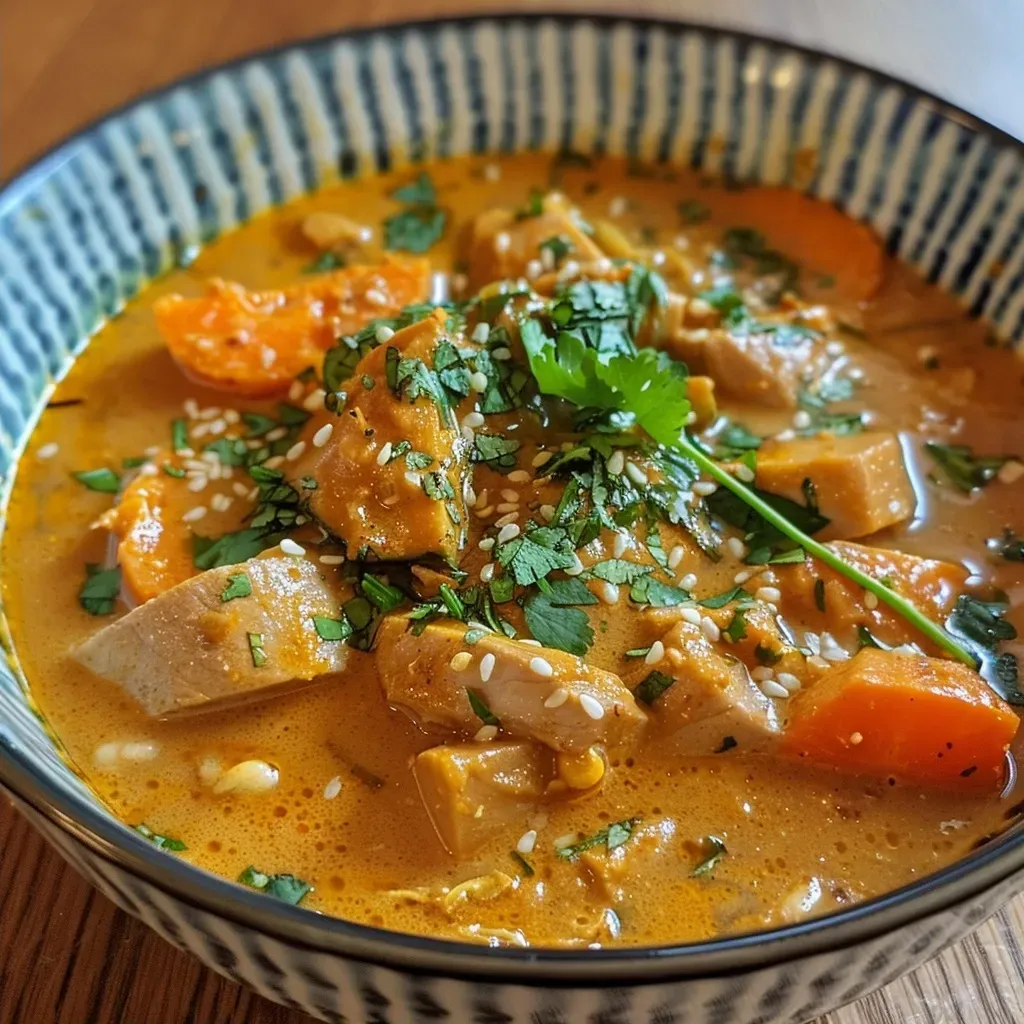 ['Close-up view of a vibrant orange Kürbis Curry Suppe garnished with herbs.', 'Rich and creamy Kürbis Curry Suppe displayed in a bowl, showing chunks of pumpkin and vegetables.', 'Side view of a bowl of Kürbis Curry Suppe highlighting its thick texture and vibrant color.', 'Bowl of Kürbis Curry Suppe with a sprinkle of spices, showcasing its inviting appearance.']