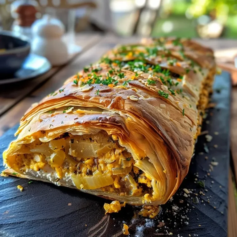 ['Close-up of a golden Kürbis Feta Strudel, showcasing the flaky pastry and rich filling.', 'Side view of a delicious Kürbis Feta Strudel, highlighting its layers and texture.', 'Juicy Kürbis Feta Strudel with visible pumpkin and feta filling, resting on a rustic surface.', 'Mouthwatering Kürbis Feta Strudel, captured with detailed pastry and colorful ingredients.']
