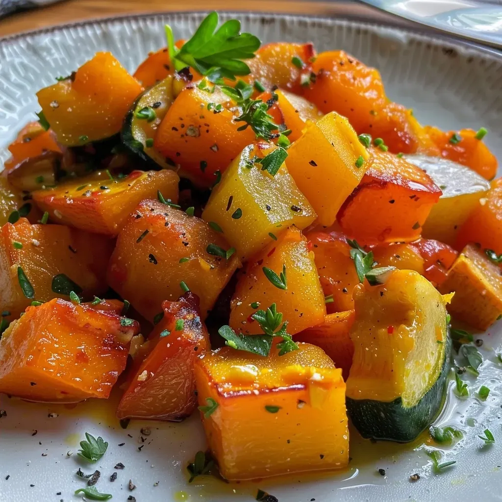 ['Close-up of a colorful pumpkin vegetable stir-fry with various vegetables.', 'A vibrant dish of sautéed pumpkin, peppers, and zucchini in a skillet.', 'Side view of a delicious pumpkin vegetable medley, showcasing fresh ingredients.', 'Juicy pumpkin and vegetable dish with herbs, arranged in a cooking pan.']