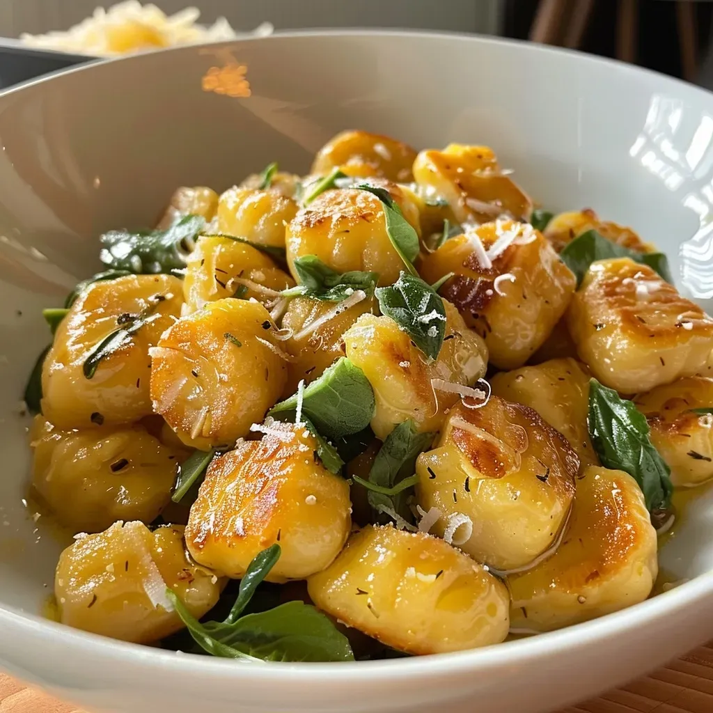 ['Close-up view of orange Kürbis Gnocchi with a drizzle of salbeibutter, garnished with sage leaves.', 'Side view of plated Kürbis Gnocchi, showcasing the vibrant color and buttery sauce with herbs.', 'Juicy Kürbis Gnocchi glistening in sage butter, with a focus on texture and ingredients.', 'Detailed shot of Kürbis Gnocchi topped with salbeibutter and sprinkled with grated Parmesan.']