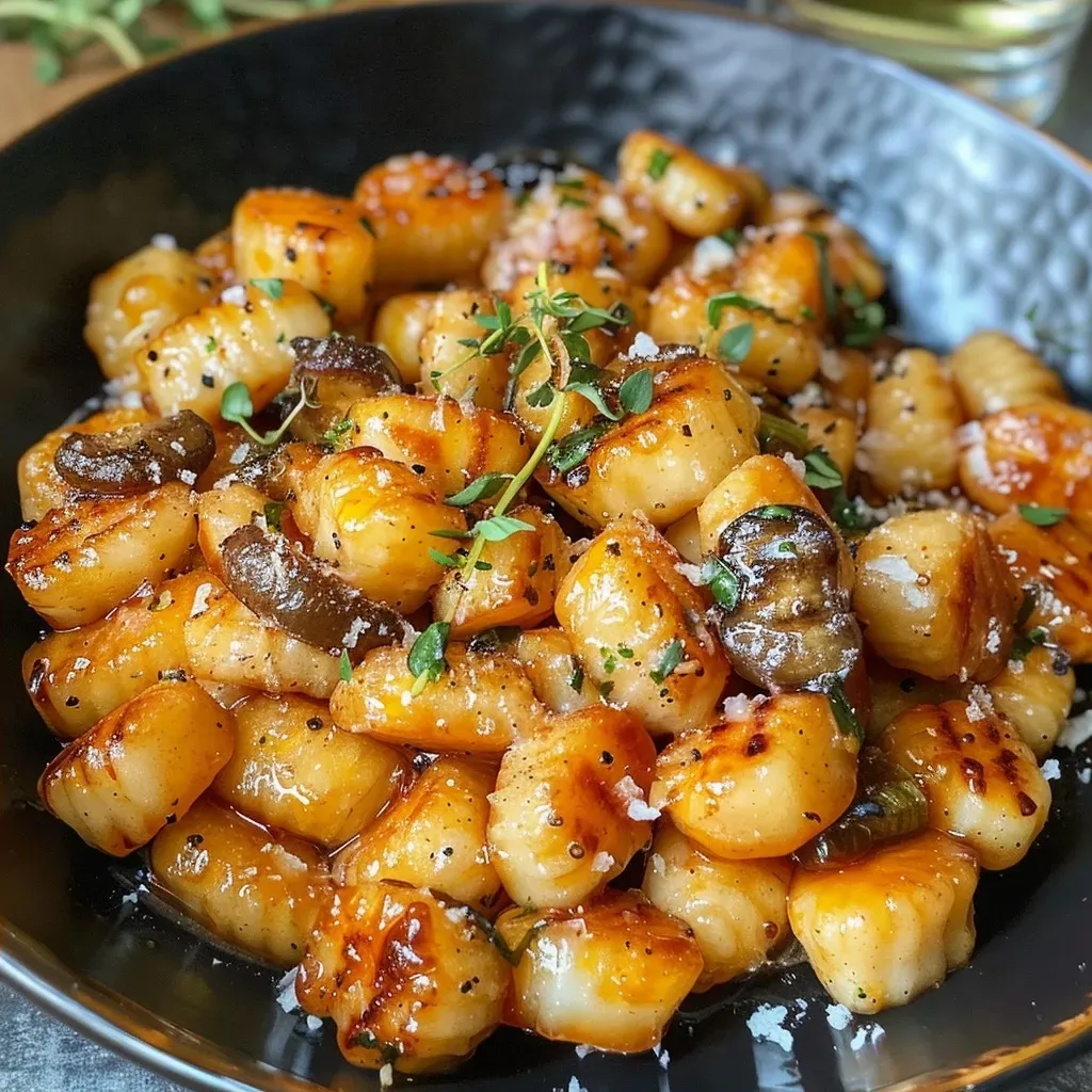 ['Close-up of a vibrant Kürbis-Gnocchi-Pfanne with pumpkin and gnocchi.', 'Side view of a hearty Kürbis Gnocchi dish featuring orange pumpkin and creamy texture.', 'Delicious Kürbis-Gnocchi-Pfanne showcasing colorful ingredients in a skillet.', 'A savory Kürbis Gnocchi meal with chunks of pumpkin and rich sauce.']