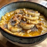 ['Close-up view of warm pumpkin millet porridge topped with nuts and seeds.', 'Side view of creamy, vibrant orange Kürbis Hirse Porridge in a bowl.', 'Textured surface of pumpkin millet porridge garnished with banana slices and cinnamon.', 'Delicious warm porridge with pumpkin and spices, presented invitingly in a dish.']
