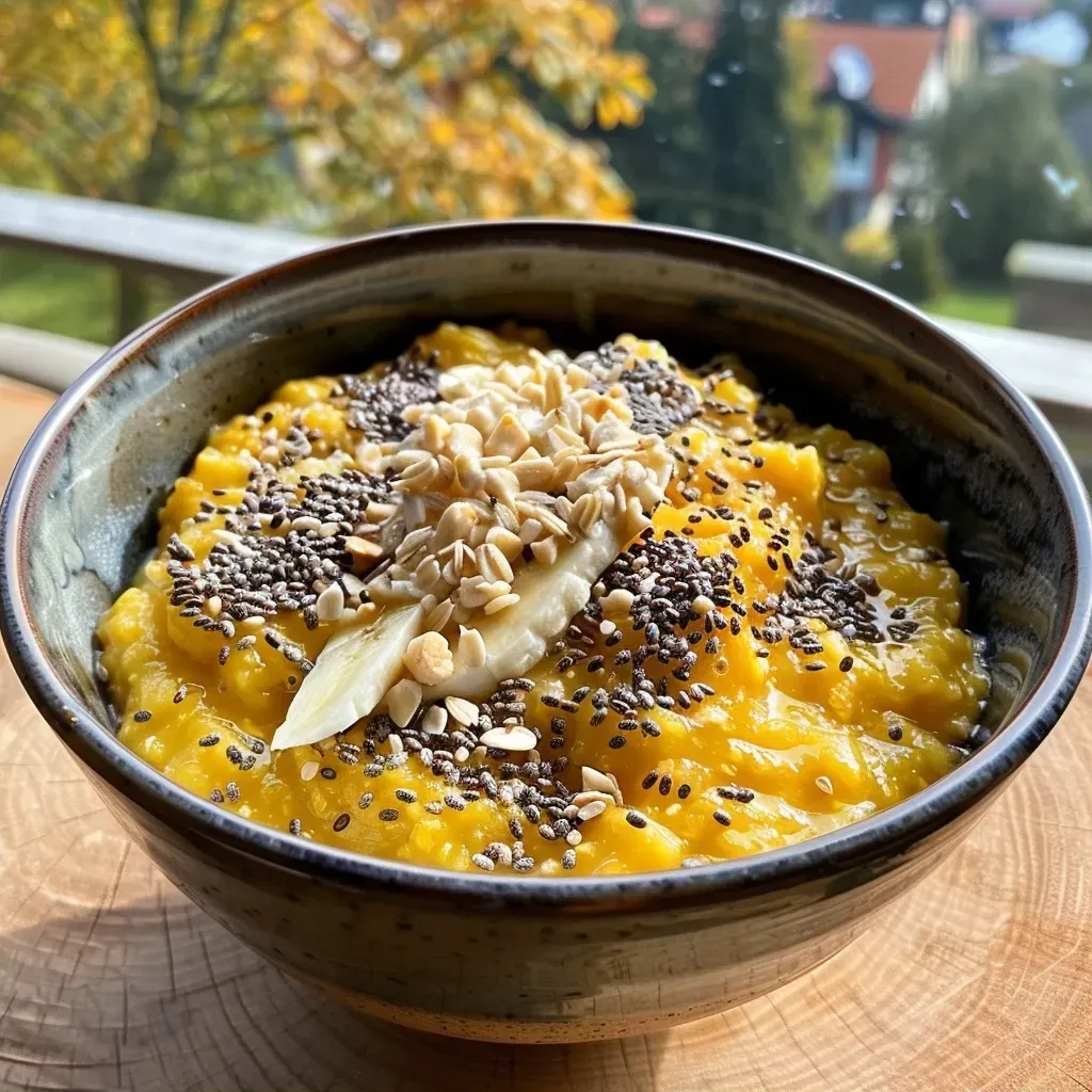 ['Close-up view of warm pumpkin millet porridge topped with nuts and seeds.', 'Side view of creamy, vibrant orange Kürbis Hirse Porridge in a bowl.', 'Textured surface of pumpkin millet porridge garnished with banana slices and cinnamon.', 'Delicious warm porridge with pumpkin and spices, presented invitingly in a dish.']