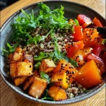 ['Close-up view of a colorful Kürbis-Quinoa Bowl featuring roasted pumpkin and fresh greens.', 'Side view of a vibrant Kürbis-Quinoa Bowl with quinoa, pumpkin, and cheese.', 'Detailed shot of a healthy Kürbis-Quinoa Bowl filled with colorful vegetables and dressing.', 'Juicy Kürbis-Quinoa Bowl showcasing a mix of quinoa, Hokkaido pumpkin, and arugula.']