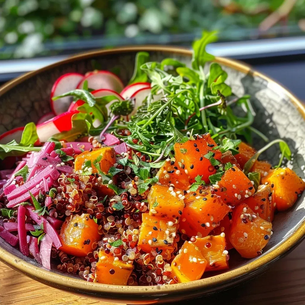 ['Close-up view of a colorful Kürbis-Quinoa Bowl featuring roasted pumpkin and fresh greens.', 'Side view of a vibrant Kürbis-Quinoa Bowl with quinoa, pumpkin, and cheese.', 'Detailed shot of a healthy Kürbis-Quinoa Bowl filled with colorful vegetables and dressing.', 'Juicy Kürbis-Quinoa Bowl showcasing a mix of quinoa, Hokkaido pumpkin, and arugula.']