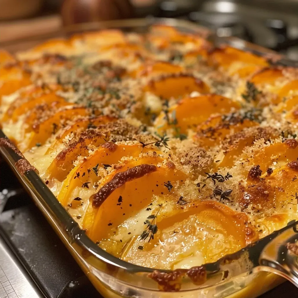 ['Close-up view of a golden-brown Kürbis-Quitten-Kartoffel-Gratin with a crispy top.', 'Side view of a layered gratin featuring potatoes, pumpkin, and quince.', 'Juicy Kürbis-Quitten-Kartoffel-Gratin highlighting the creamy texture and herbs.', 'Close-up of a savory gratin dish showcasing its vibrant ingredients.']