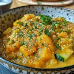 ['Close-up view of a vibrant orange Kürbiseintopf with vegetables and spices.', 'A hearty bowl of Kürbiseintopf showcasing colorful ingredients like pumpkin and zucchini.', 'Side angle of an aromatic Kürbiseintopf filled with assorted vegetables and herbs.', 'Detailed view of a steaming Kürbiseintopf featuring a blend of spices and garnished with coriander.']