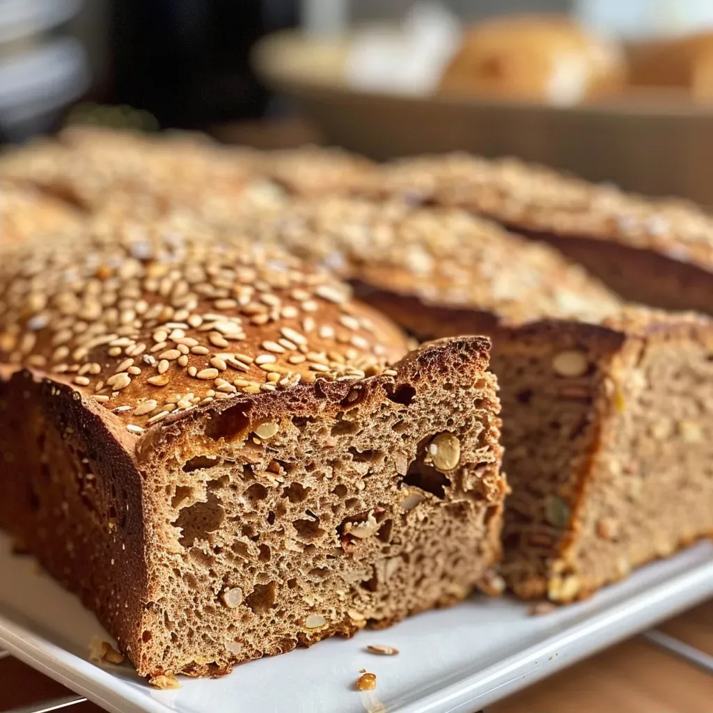 ['Close-up of a loaf of Kürbiskern Karotten Kurkuma bread with visible pumpkin seeds and carrots.', 'Side view of freshly baked Kürbiskern Karotten Kurkuma bread showcasing its texture and ingredients.', 'Juicy Kürbiskern Karotten Kurkuma bread featuring a golden crust and specks of carrot and turmeric.', 'Detailed shot of a slice of Kürbiskern Karotten Kurkuma bread highlighting the moist interior and seeds.']