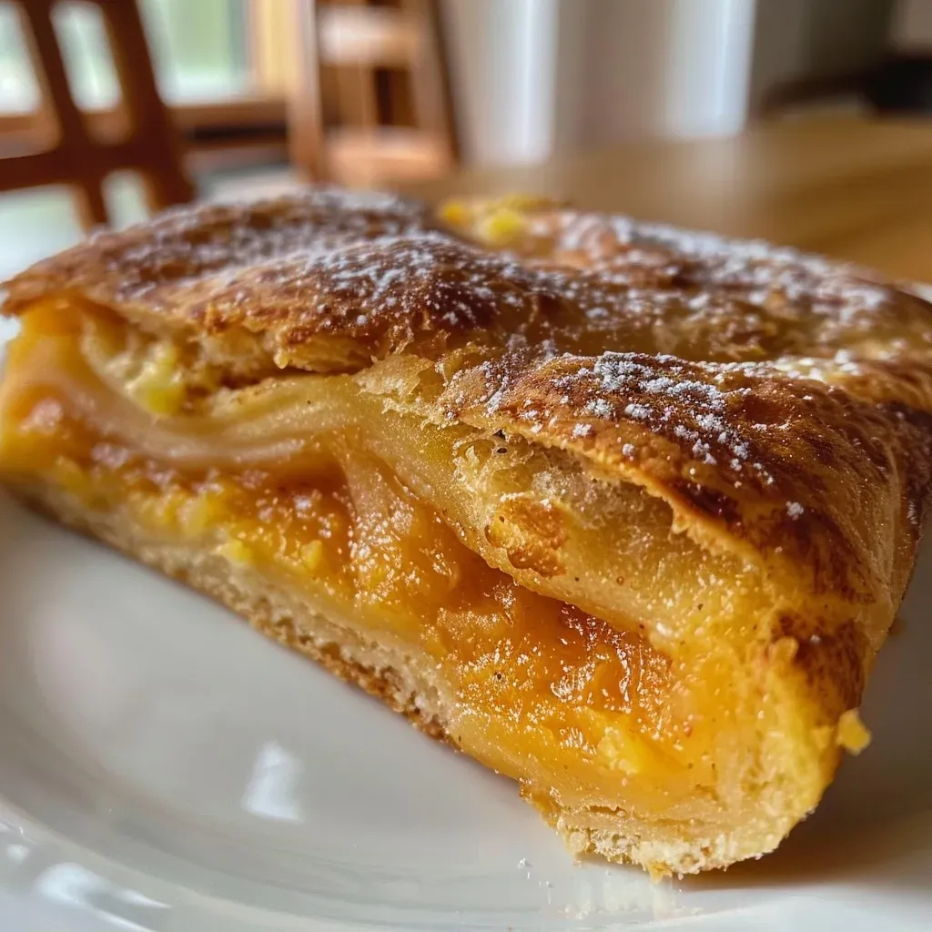 ['A side view close-up of a slice of Kürbiskuchen on a plate, showcasing its moist texture and rich color.', 'A detailed shot of a delicious slice of Kürbiskuchen, highlighting the pumpkin filling and buttery crust.', 'A tempting close-up of Kürbiskuchen, revealing its golden-brown crust and creamy pumpkin filling.', 'A side angle view of Kürbiskuchen, displaying its thick slice and lightly dusted powdered sugar on top.']