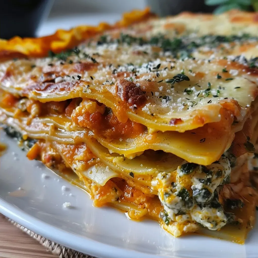 ['Close-up view of a savory vegetarian Kürbislasagne, showcasing layers of pumpkin and cheese.', 'Side angle of a warm Kürbislasagne with melted cheese and pumpkin visible, captured on an iPhone.', 'Detailed close-up of a slice of Kürbislasagne with vibrant orange pumpkin and creamy ricotta layers.', 'Juicy vegetarian Kürbislasagne with visible herbs and cheese, photographed from the side.']