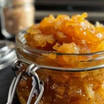 ['Close-up view of a jar of Kürbismarmelade with a rich orange color.', 'Side view of a glass jar filled with homemade Kürbismarmelade, showcasing its texture.', 'Close-up image of Kürbismarmelade in a jar, highlighting its glossy surface and vibrant hue.', 'Detailed shot of a jar of Kürbismarmelade, emphasizing the chunky ingredients inside.']