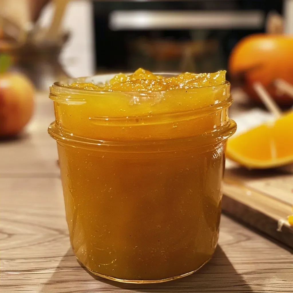 ['Close-up view of a jar of Kürbismarmelade with a rich orange color.', 'Side view of a glass jar filled with homemade Kürbismarmelade, showcasing its texture.', 'Close-up image of Kürbismarmelade in a jar, highlighting its glossy surface and vibrant hue.', 'Detailed shot of a jar of Kürbismarmelade, emphasizing the chunky ingredients inside.']