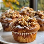 ['Close-up view of Kürbismuffins with a sprinkle of cinnamon and walnuts.', 'Side view of freshly baked Kürbismuffins topped with walnuts and cinnamon.', 'Juicy Kürbismuffins arranged on a plate, showcasing walnuts and spices.', 'Delicious Kürbismuffins featuring a golden-brown crust and walnut topping.']