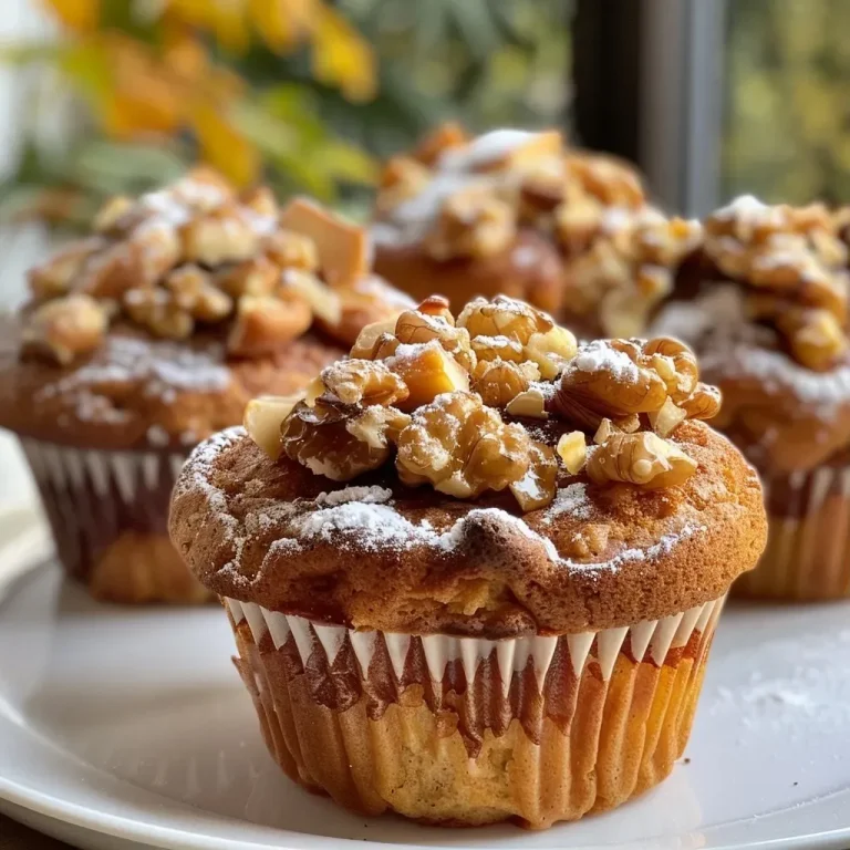 ['Close-up view of Kürbismuffins with a sprinkle of cinnamon and walnuts.', 'Side view of freshly baked Kürbismuffins topped with walnuts and cinnamon.', 'Juicy Kürbismuffins arranged on a plate, showcasing walnuts and spices.', 'Delicious Kürbismuffins featuring a golden-brown crust and walnut topping.']