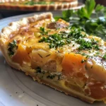 ['A close-up side view of a golden-brown vegetarian pumpkin quiche with visible chunks of pumpkin and herbs.', 'A vibrant slice of Kürbisquiche showcasing a flaky crust, filled with pumpkin, cheese, and herbs.', 'A deliciously baked pumpkin quiche highlighting the rich texture and colorful ingredients on a plate.', 'A side angle of a luscious pumpkin quiche, garnished with pumpkin seeds and parsley, ready to serve.']