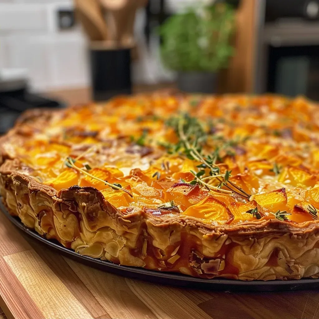 ['A close-up side view of a golden-brown vegetarian pumpkin quiche with visible chunks of pumpkin and herbs.', 'A vibrant slice of Kürbisquiche showcasing a flaky crust, filled with pumpkin, cheese, and herbs.', 'A deliciously baked pumpkin quiche highlighting the rich texture and colorful ingredients on a plate.', 'A side angle of a luscious pumpkin quiche, garnished with pumpkin seeds and parsley, ready to serve.']