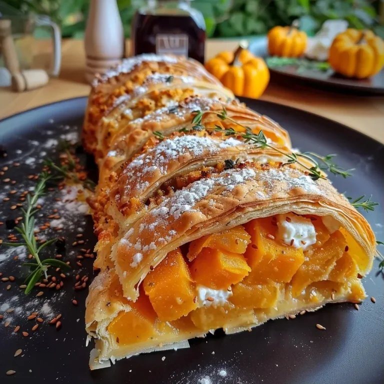 ['Side view of a golden Kürbisstrudel with visible feta cheese and pumpkin seeds.', 'Close-up of a flaky Kürbisstrudel filled with pumpkin and feta, garnished with rosemary.', 'A delicious Kürbisstrudel with a crispy crust and a vibrant pumpkin filling, showcased on a plate.', 'Detail of a freshly baked Kürbisstrudel, showing layers of pastry and a rich filling.']