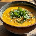['Close-up view of creamy Kürbissuppe with visible coconut milk swirls.', 'Side perspective of a bowl filled with vibrant orange pumpkin soup and garnished with herbs.', 'Richly colored pumpkin soup made with coconut milk, served in a bowl.', 'Creamy Kürbissuppe with coconut milk, showing texture and garnished with fresh herbs.']