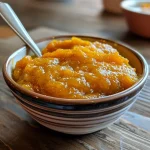 ['Close-up of golden pumpkin jam in a glass jar with honey and spices.', 'Side view of pumpkin jam in a rustic jar, glistening with honey.', 'Creamy pumpkin and honey jam spread on a wooden board.', 'Homemade pumpkin jam with a spoon, highlighting spices and color.']