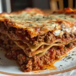 ['Close-up of a slice of lasagna layered with cottage cheese.', 'Side view of a delicious lasagna dish with melted cheese on top.', 'Juicy lasagna featuring layers of ground turkey and cottage cheese.', 'Tasty homemade lasagna served with a sprinkle of Parmesan cheese.']