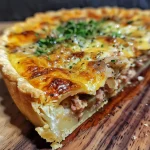 ['Close-up view of a freshly baked Lauchquiche with golden crust and leeks visible.', 'Side view of a juicy Lauchquiche showcasing its fluffy layers and green leeks.', 'Detailed shot of a slice of Lauchquiche on a plate, highlighting its ingredients and texture.', 'Close-up image of Lauchquiche with a crispy crust, featuring leeks and a creamy filling.']