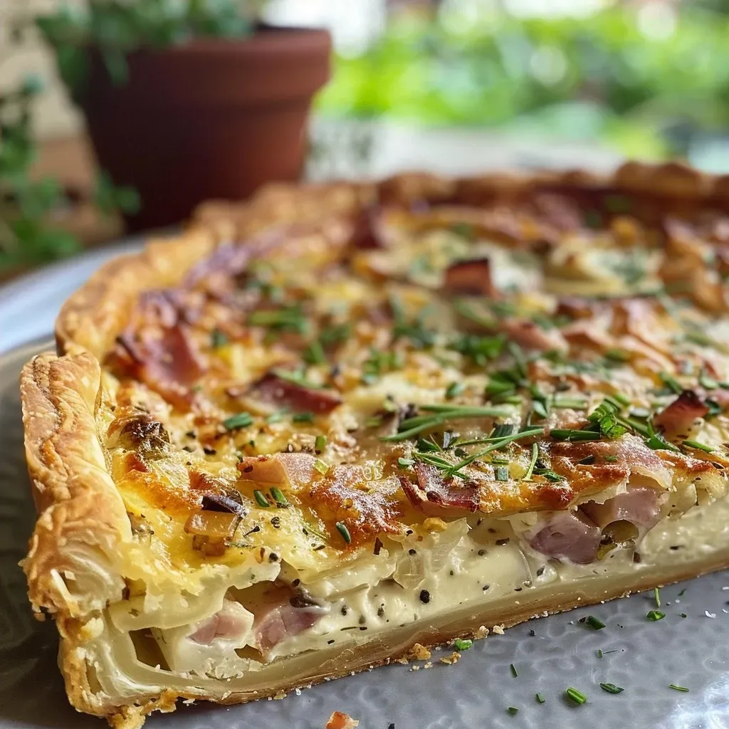 Close-up view of a freshly baked Lauchquiche with golden crust and leeks visible.