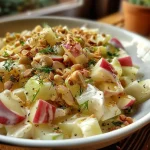 ['Close-up view of a creamy Lauchsalat with fresh leeks and apples.', 'Side angle of a delicious Lauchsalat drizzled with creamy sauce.', 'Juicy Lauchsalat featuring leeks and a rich, creamy dressing.', 'Colorful presentation of Lauchsalat with apples and creamy texture.']