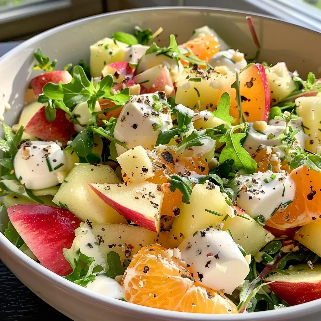 ['Close-up view of a creamy Lauchsalat with fresh leeks and apples.', 'Side angle of a delicious Lauchsalat drizzled with creamy sauce.', 'Juicy Lauchsalat featuring leeks and a rich, creamy dressing.', 'Colorful presentation of Lauchsalat with apples and creamy texture.']