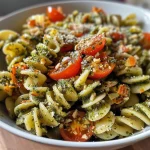 ['A close-up side view of a dish featuring lentil noodles with pesto and Brussels sprouts.', 'A detailed shot of Linsennudeln topped with pesto sauce and garnished with Brussels sprouts.', 'An appetizing side view of a bowl containing lentil pasta mixed with pesto and roasted Brussels sprouts.', 'A vibrant close-up of a serving of lentil noodles with pesto and succulent Brussels sprouts.']
