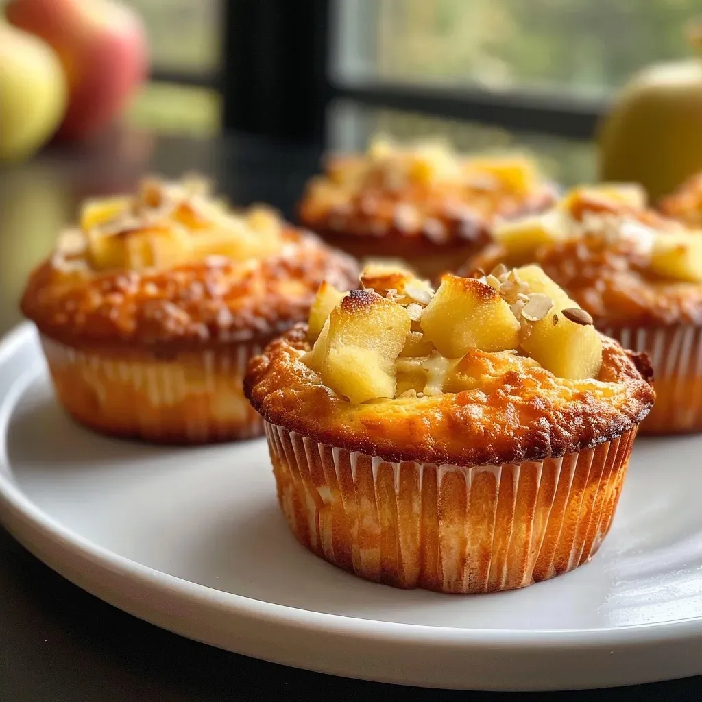 Close-up of Low Carb Apfelmuffins showcasing a golden-brown top with apple pieces visible.