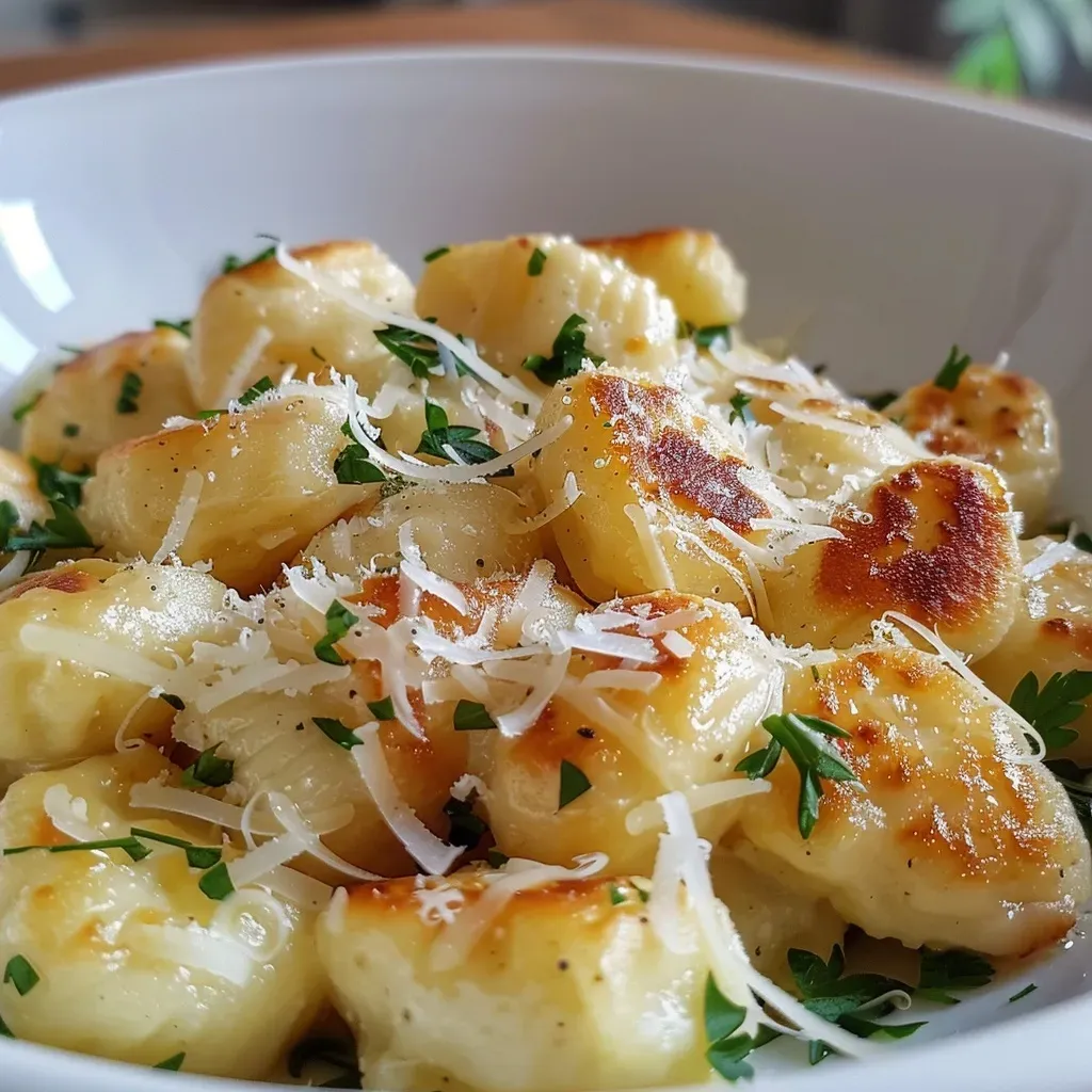 Close-up of golden brown low carb gnocchi on a white plate.