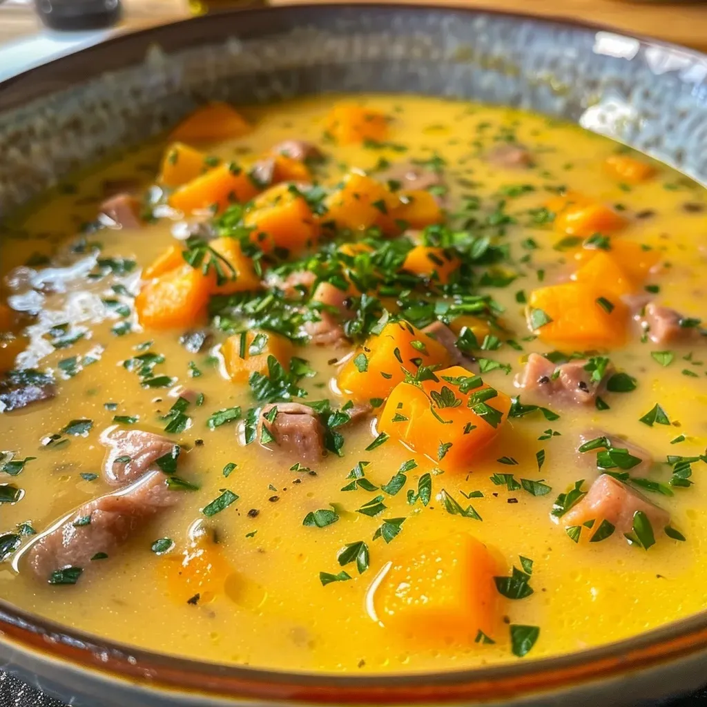 ['A close-up view of creamy Maronen pumpkin soup topped with thyme.', 'Side angle of a bowl filled with rich pumpkin soup garnished with herbs.', 'Delicious Hokkaido pumpkin soup served in a rustic bowl with thyme sprigs.', 'A vibrant serving of Maronen-Kürbis-Suppe showcasing its creamy texture.']