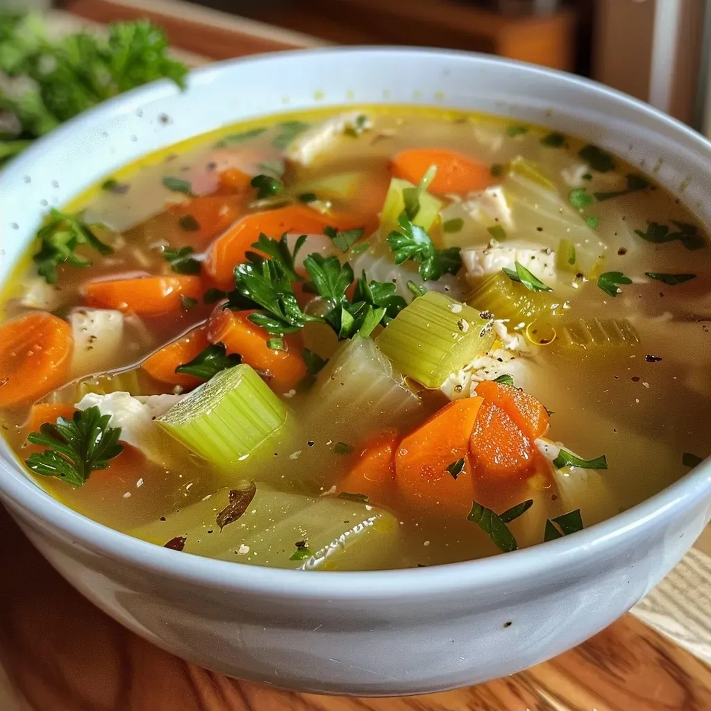 ['Close-up of a bowl of Mediterranean Lemon Chicken Soup with vibrant ingredients.', 'Side view photo of a steaming bowl of lemon chicken soup garnished with parsley.', 'Delicious Mediterranean Lemon Chicken Soup showcasing chicken and vegetables.', 'Rich, aromatic bowl of chicken soup with visible lemon slices and herbs.']