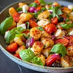 ['A colorful Mediterraner Gnocchi salad featuring fresh ingredients and mozzarella.', 'Close-up of a vibrant Gnocchi salad with mozzarella, peppers, and olives.', 'A delicious bowl of Gnocchi salad garnished with fresh basil and olives.', 'Side view of a hearty Gnocchi salad showcasing mozzarella and assorted veggies.']