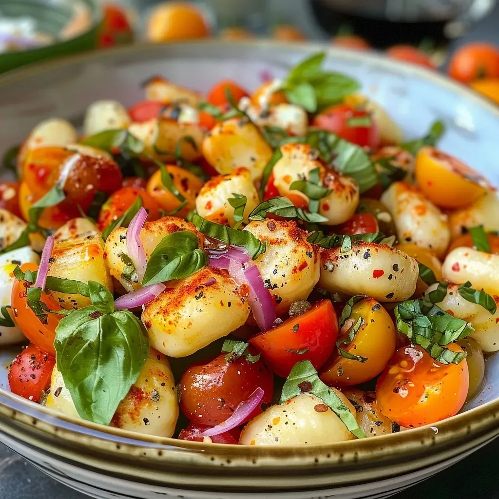 ['A colorful Mediterraner Gnocchi salad featuring fresh ingredients and mozzarella.', 'Close-up of a vibrant Gnocchi salad with mozzarella, peppers, and olives.', 'A delicious bowl of Gnocchi salad garnished with fresh basil and olives.', 'Side view of a hearty Gnocchi salad showcasing mozzarella and assorted veggies.']