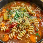 ['A close-up view of a bowl of Minestrone soup with chestnuts, filled with vegetables.', 'Side angle of a colorful Minestrone mit Maronen, showcasing fresh ingredients and rich broth.', 'A detailed shot of Minestrone soup featuring chestnuts and vibrant vegetables in a bowl.', 'Close-up of Minestrone with chestnuts, displaying hearty ingredients and garnished with herbs.']