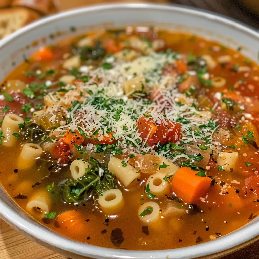 ['A close-up view of a bowl of Minestrone soup with chestnuts, filled with vegetables.', 'Side angle of a colorful Minestrone mit Maronen, showcasing fresh ingredients and rich broth.', 'A detailed shot of Minestrone soup featuring chestnuts and vibrant vegetables in a bowl.', 'Close-up of Minestrone with chestnuts, displaying hearty ingredients and garnished with herbs.']