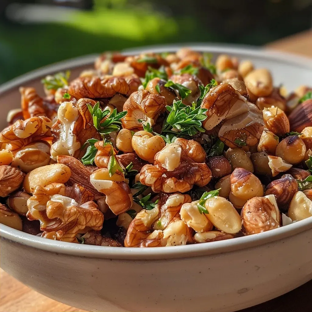 ['Close-up of a creamy Nuss-Kichererbsen-Aufstrich spread on a rustic wooden board.', 'Side view of Nuss-Kichererbsen-Aufstrich garnished with parsley and nuts.', 'Vivid image of chickpea spread in a bowl, showcasing its creamy texture and nut garnish.', 'Detailed close-up of a delicious chickpea spread with walnut and hazelnut toppings.']