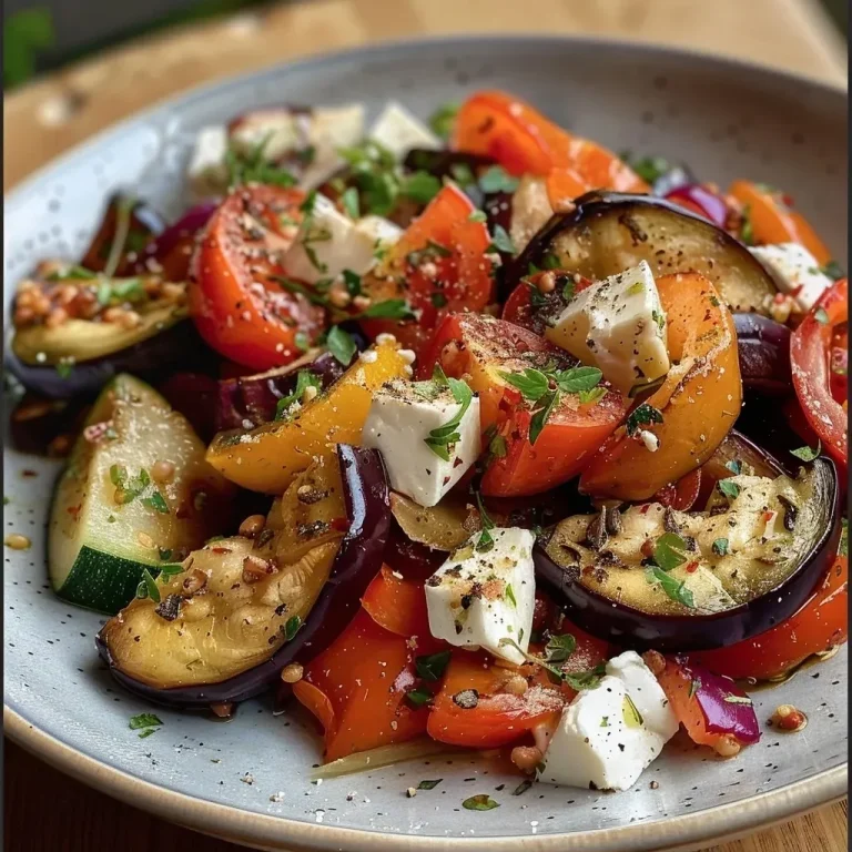 ['Close-up view of roasted vegetables with Feta cheese and herb yogurt sauce.', 'Juicy Ofengemüse featuring colorful bell peppers, zucchini, and cherry tomatoes topped with Feta.', 'Side view of a vibrant tray of baked vegetables drizzled with yogurt, showcasing fresh herbs.', 'Detailed shot of Feta-topped roasted vegetables served with creamy herb yogurt dressing.']