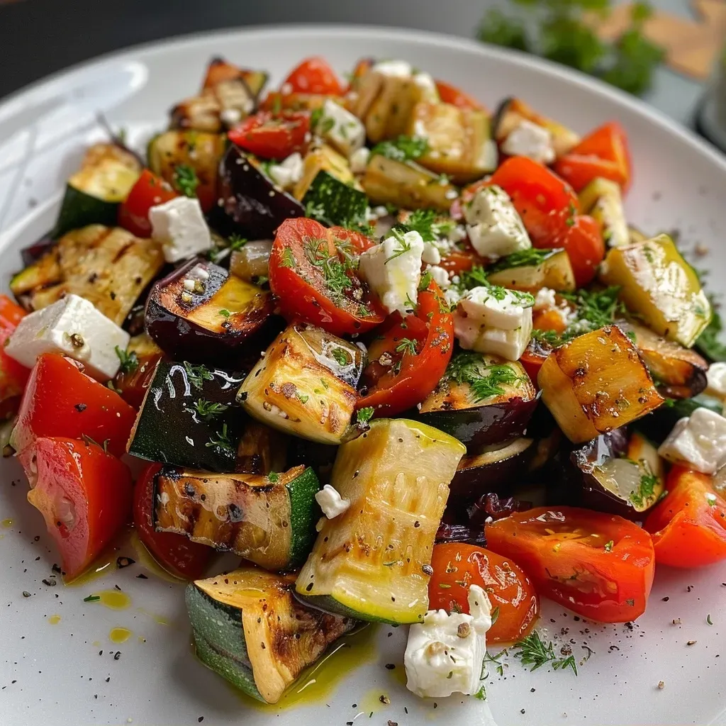 Close-up view of roasted vegetables with Feta cheese and herb yogurt sauce.