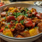 ['A side view of roasted vegetables in red wine on creamy celery puree.', 'Juicy roasted vegetables with red wine sauce served on a bed of celery puree.', 'Close-up of colorful roasted vegetables topped with red wine reduction over smooth celery mash.', 'A delicious arrangement of baked vegetables in red wine, resting on a fluffy celery puree.']